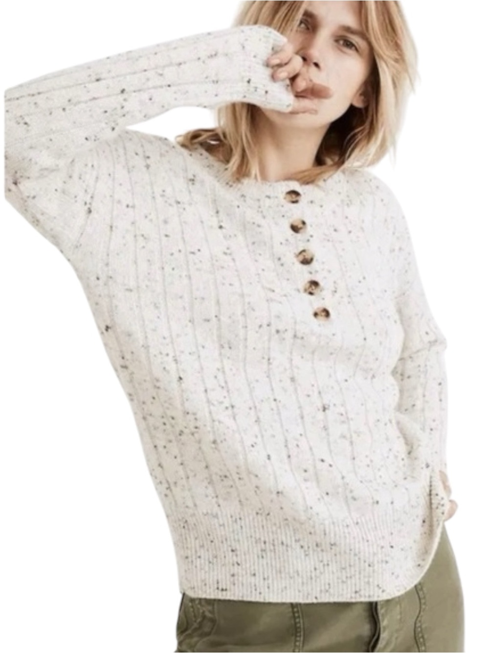 MADEWELL Donegal Bowden Henley Wool Blend Speckled Knit Sweater Cream XS